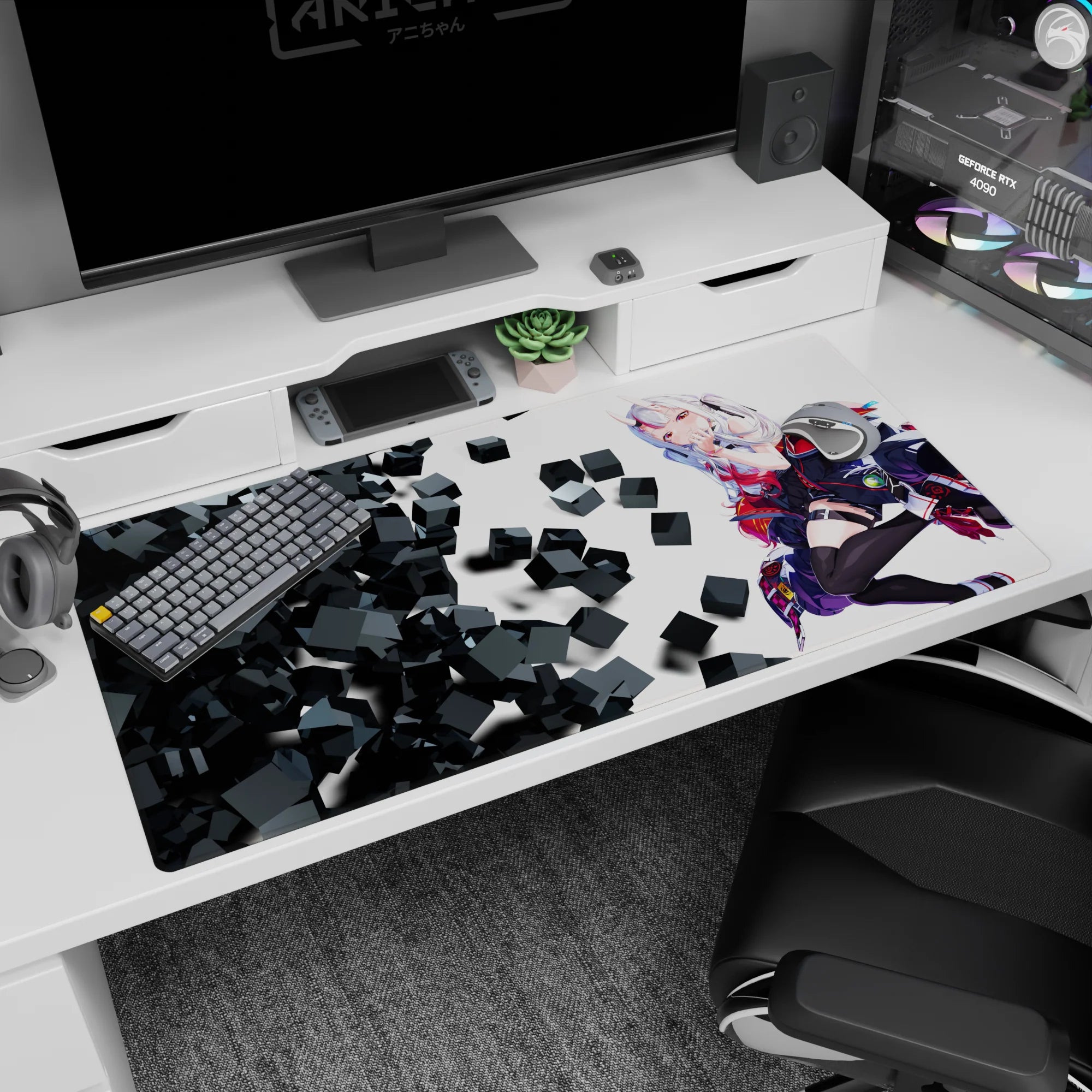 Horned white-haired anime girl desk pad 40x20 inches, lounging sideways with glossy boots and thigh highs.