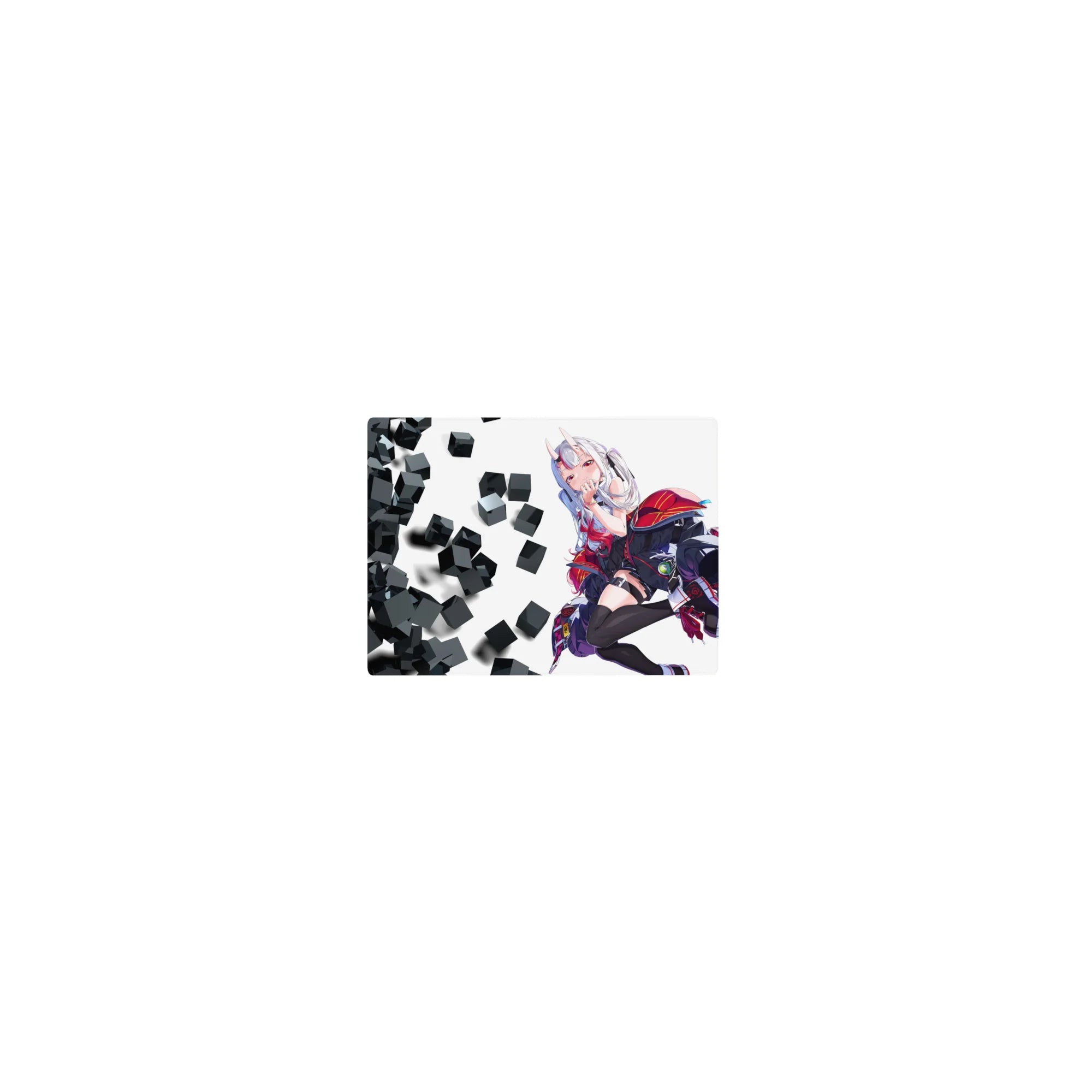 Classic anime girl mouse pad 14x10 inches with white-haired horned girl and floating black cube design.
