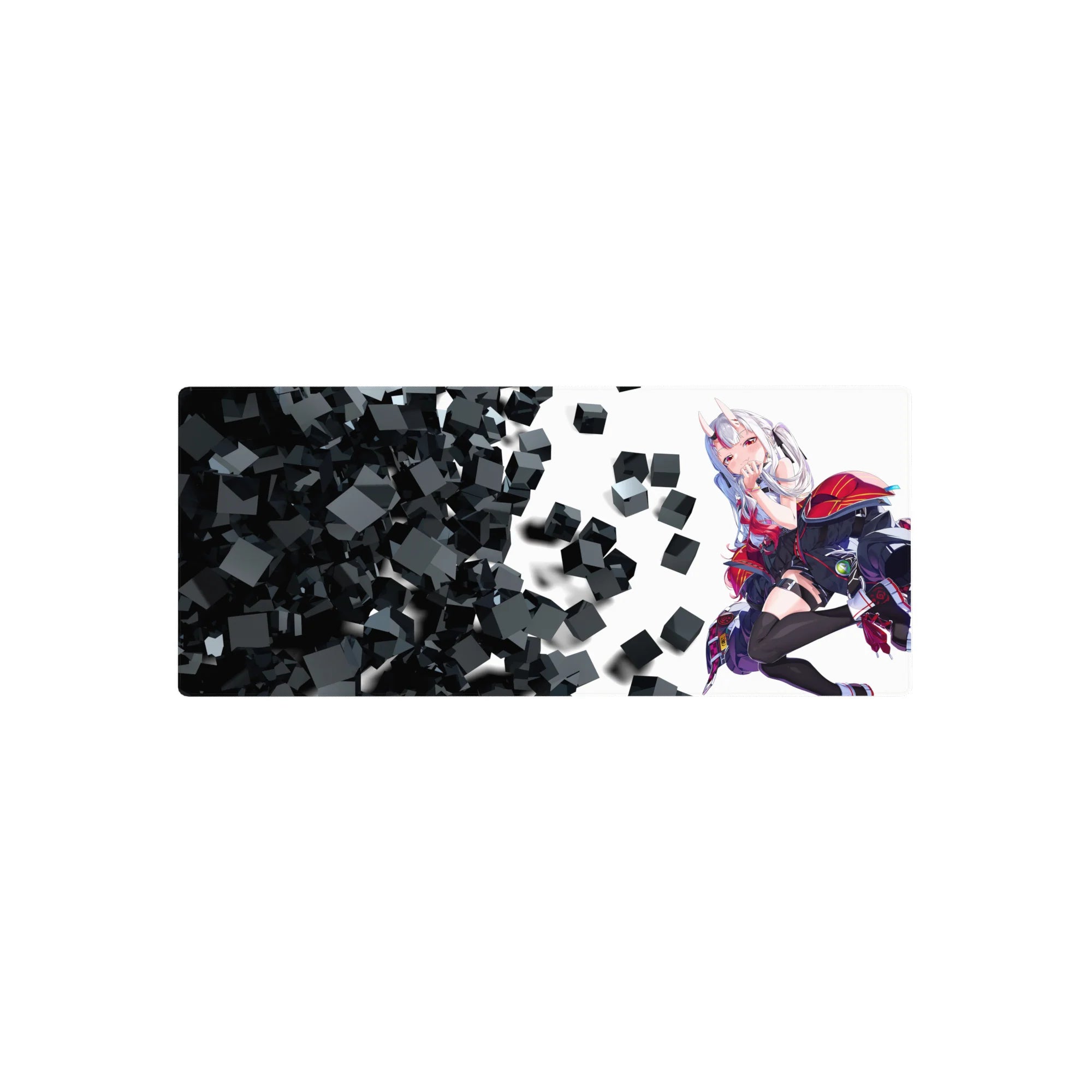 28x12 inches anime girl mouse pad with white-haired horned girl, black-red outfit, and 3D black cubes.
