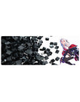32x12 inches anime girl mouse pad with white-haired horned girl, red-black outfit, and 3D black cubes.