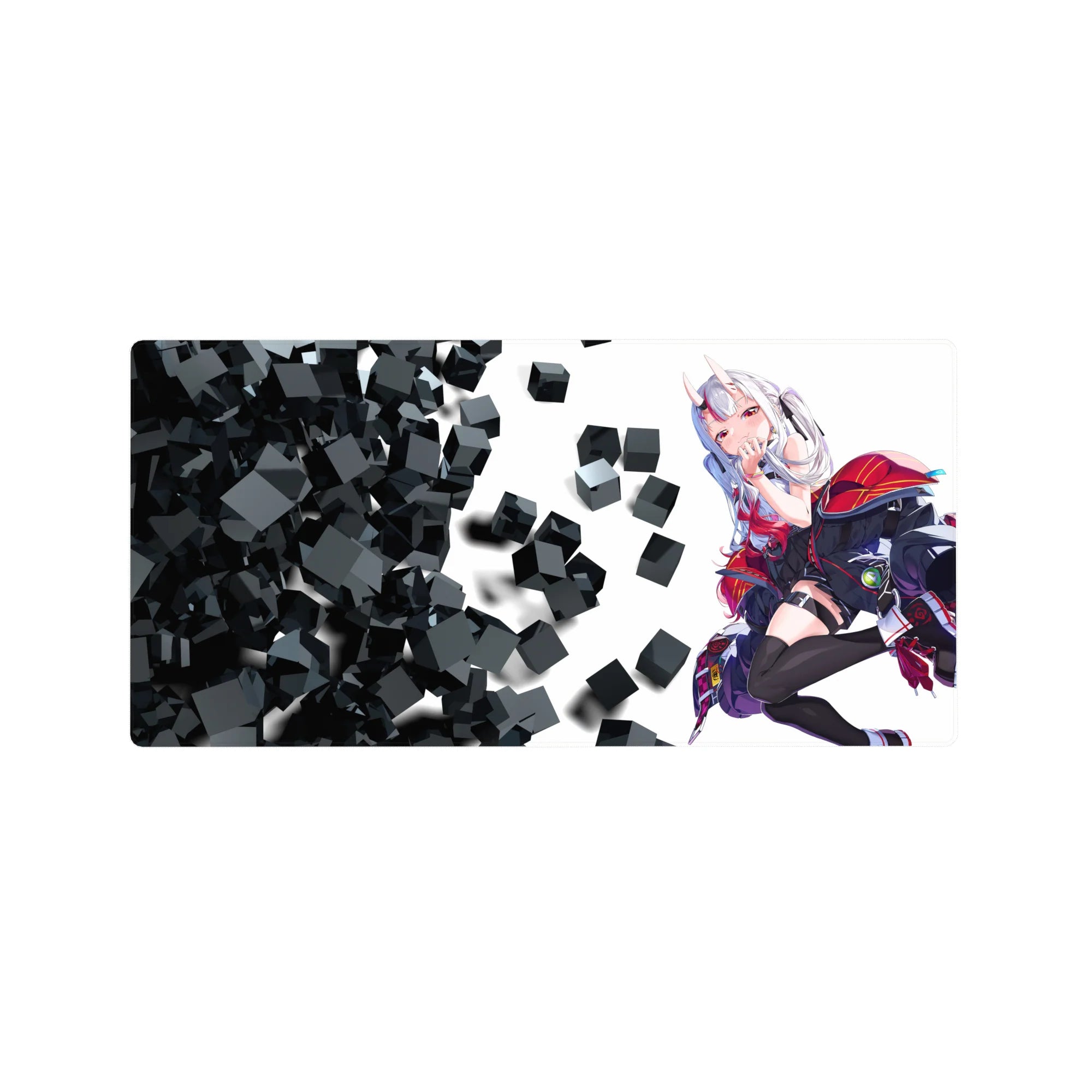 Anime girl mouse pad 32x16 inches with horned chibi pose, black outfit red trim, and 3D black cubes.