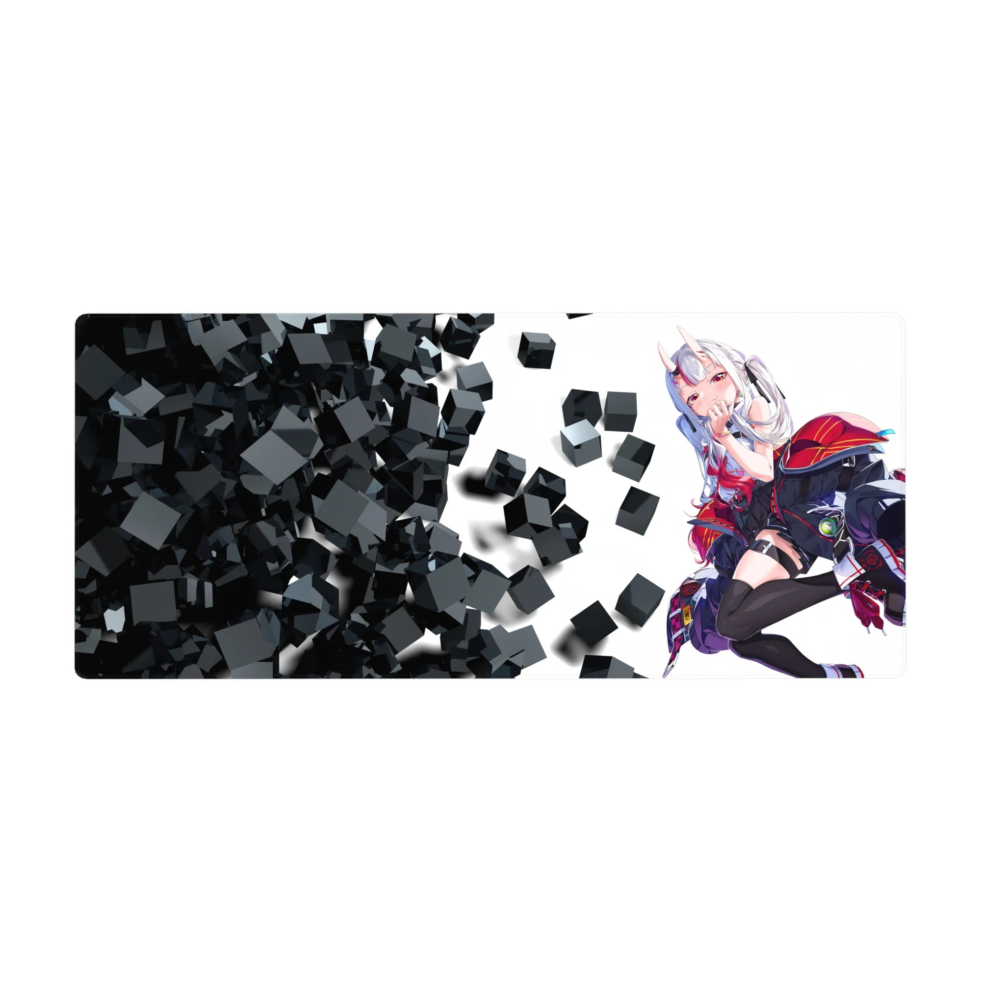 36x16 inches anime girl desk pad with horned white-haired character, black outfit, and floating black cubes.
