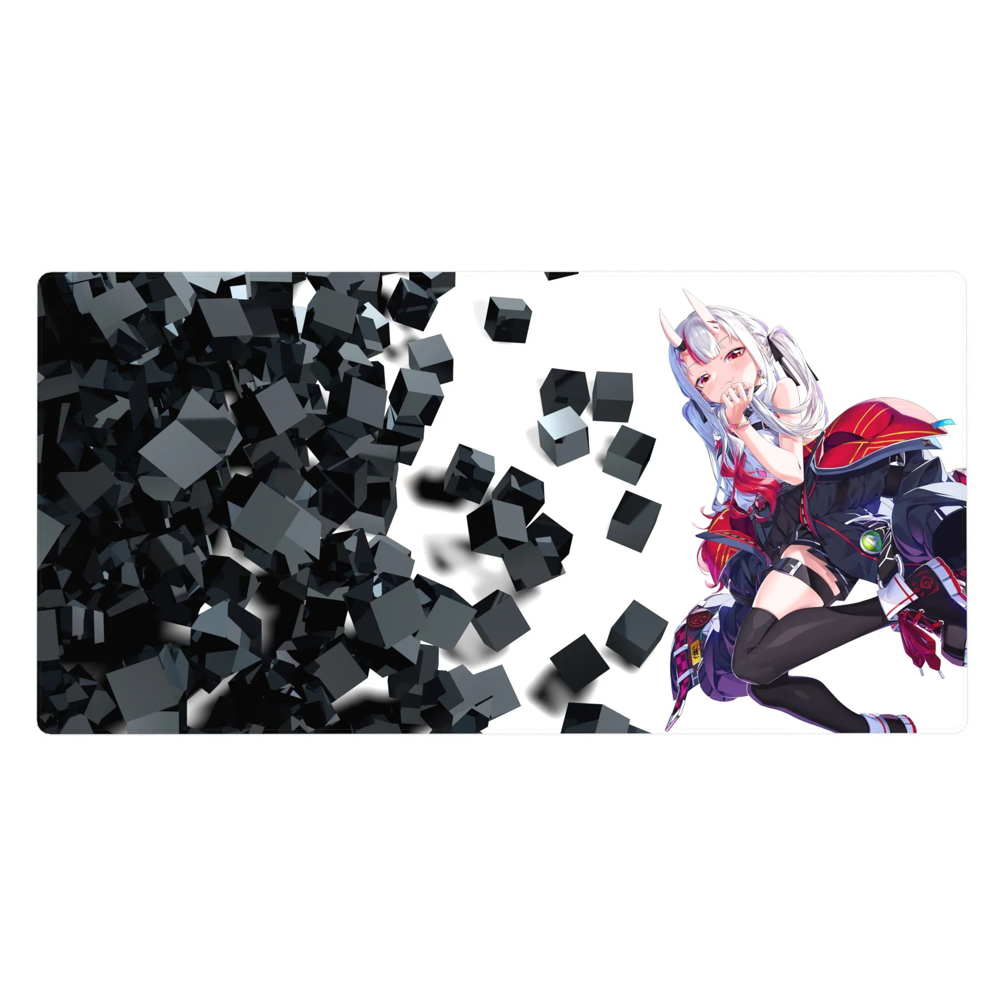 Anime girl desk pad 40x20 inches with white-haired demon girl and floating black cube sci-fi design.
