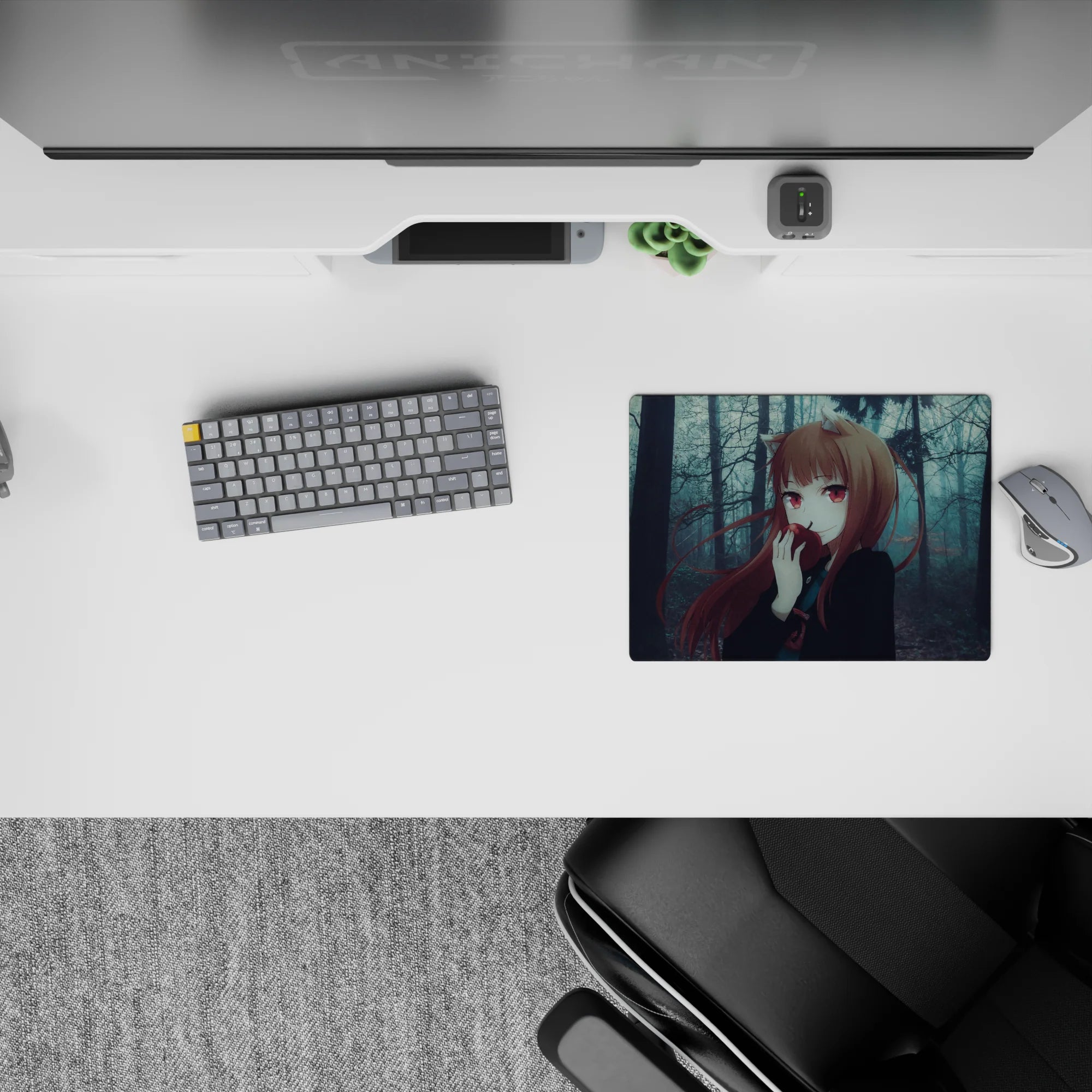 Moody blue-gray forest anime mouse pad 14x10 inches with cool shadows and warm auburn hair pop.