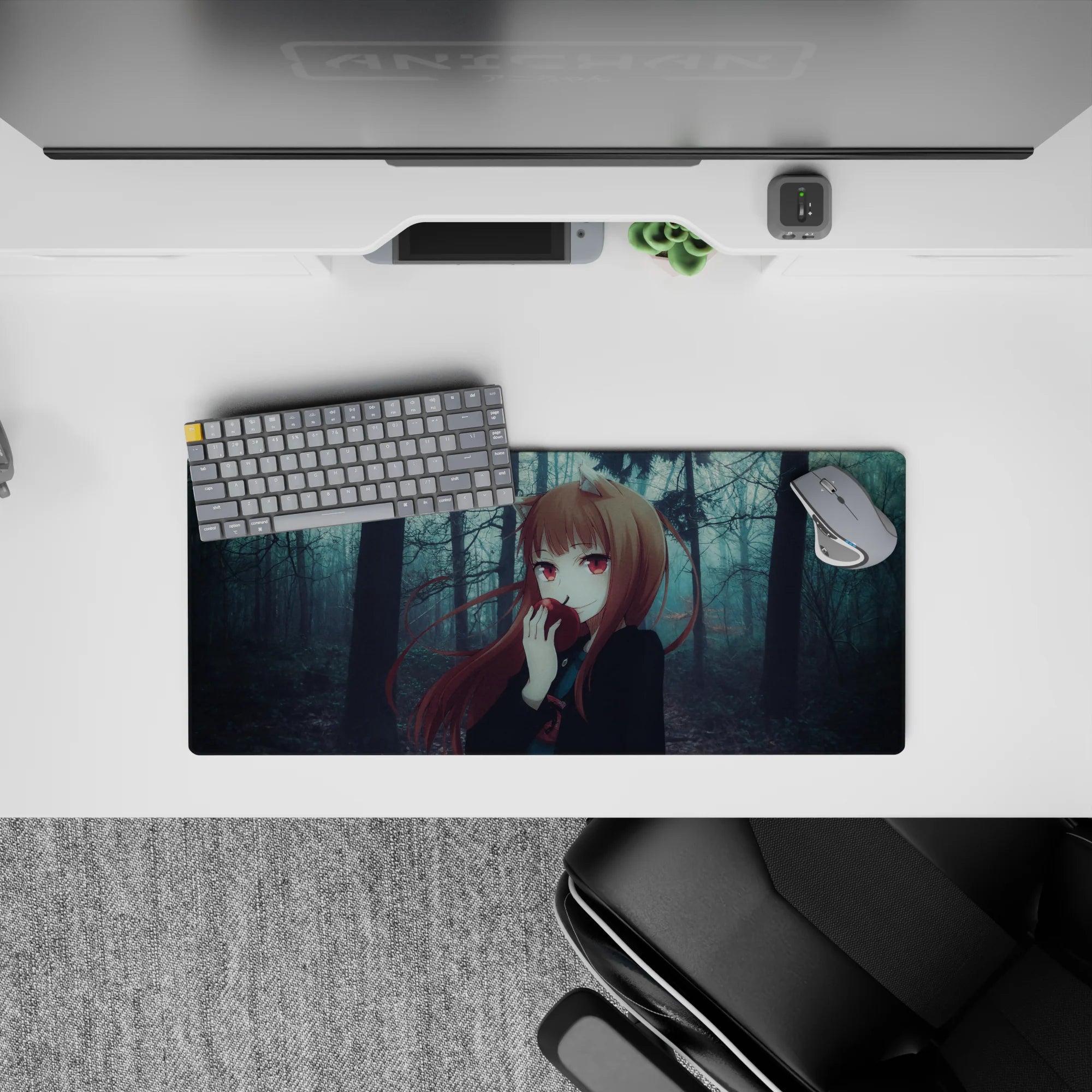 Moody blue-gray forest anime girl mouse pad 28x12 inches with warm auburn hair and crimson accents.