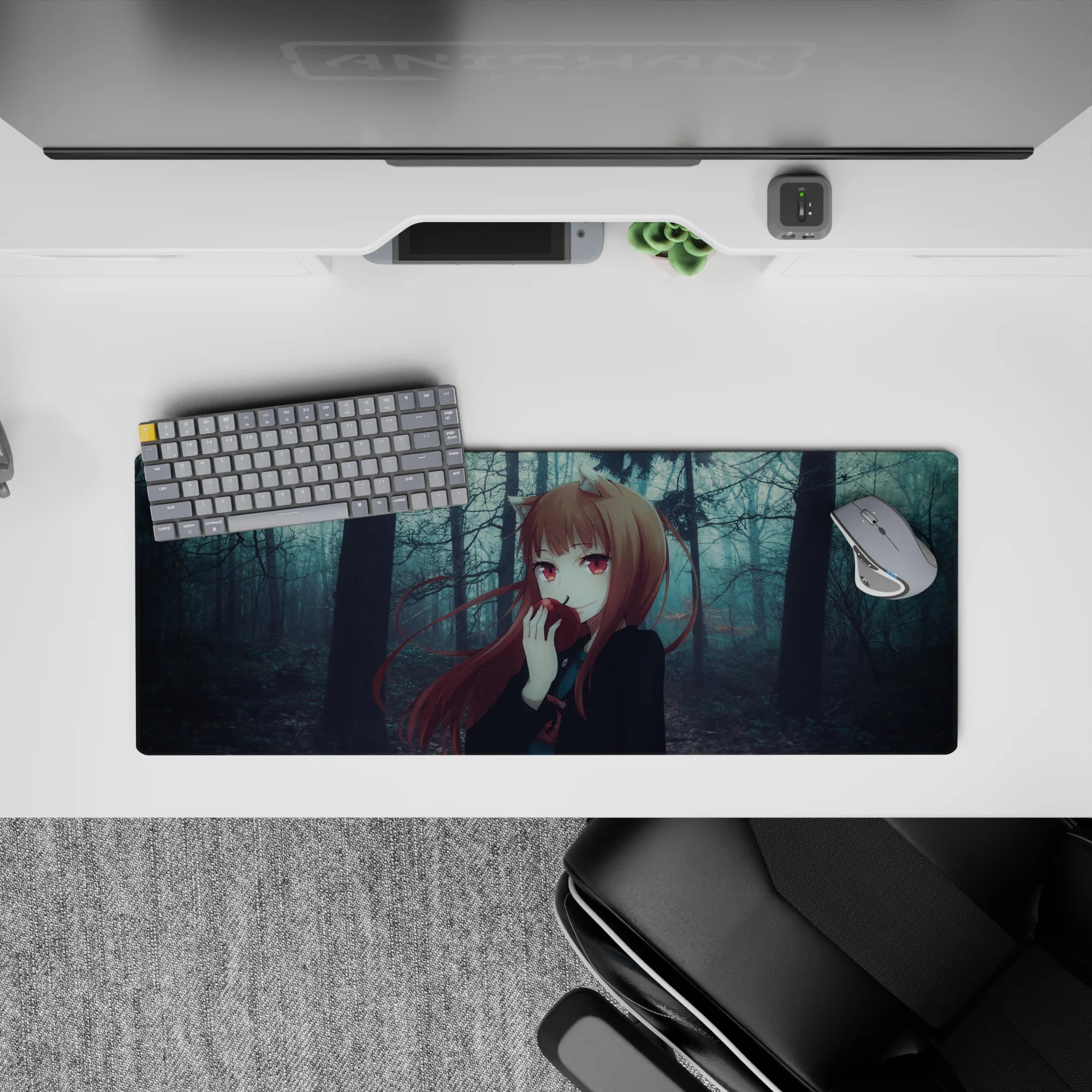 32x12 inches anime mouse pad in cool blue-gray mist, moody trees, and warm auburn hair accents.