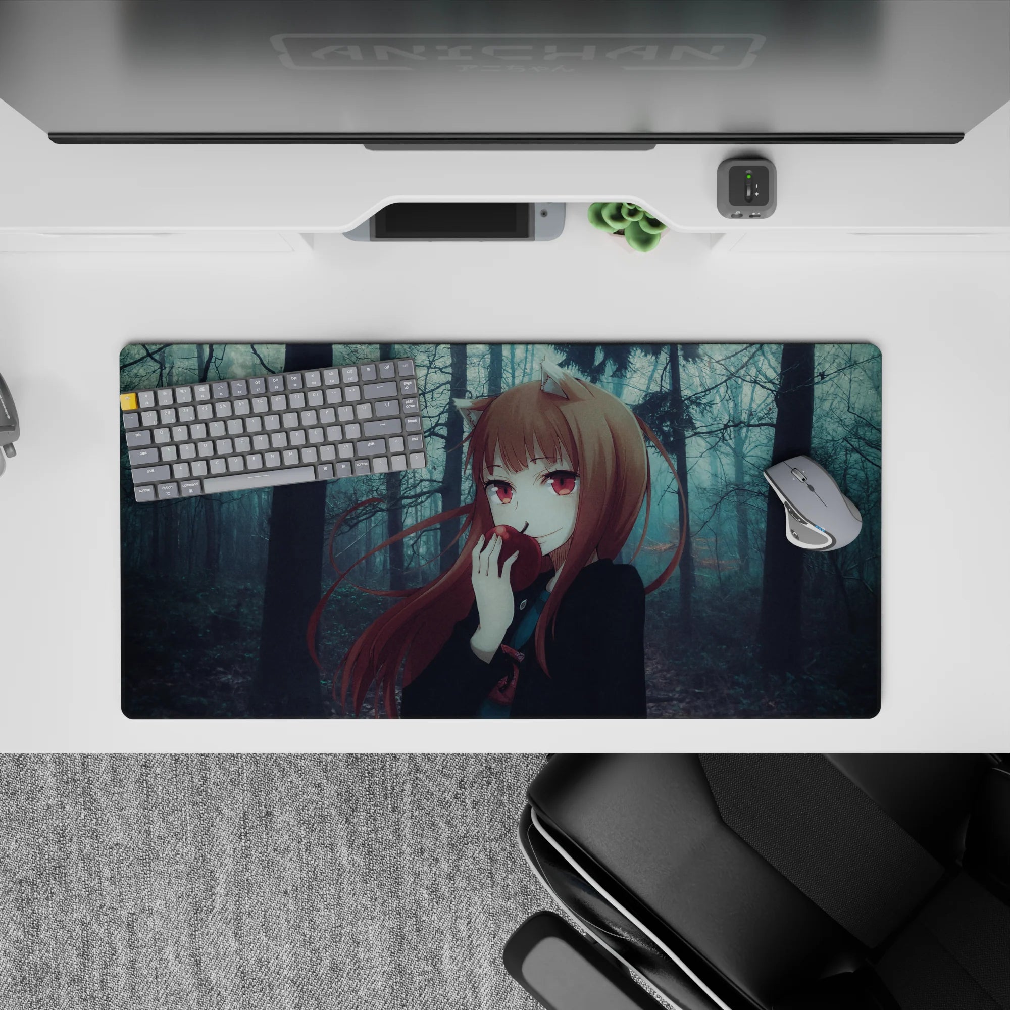 Anime girl mouse pad 32x16 inches in cool blue-gray shadows with warm auburn hair and crimson-eye glow.