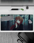 Anime girl mouse pad 32x16 inches in cool blue-gray shadows with warm auburn hair and crimson-eye glow.