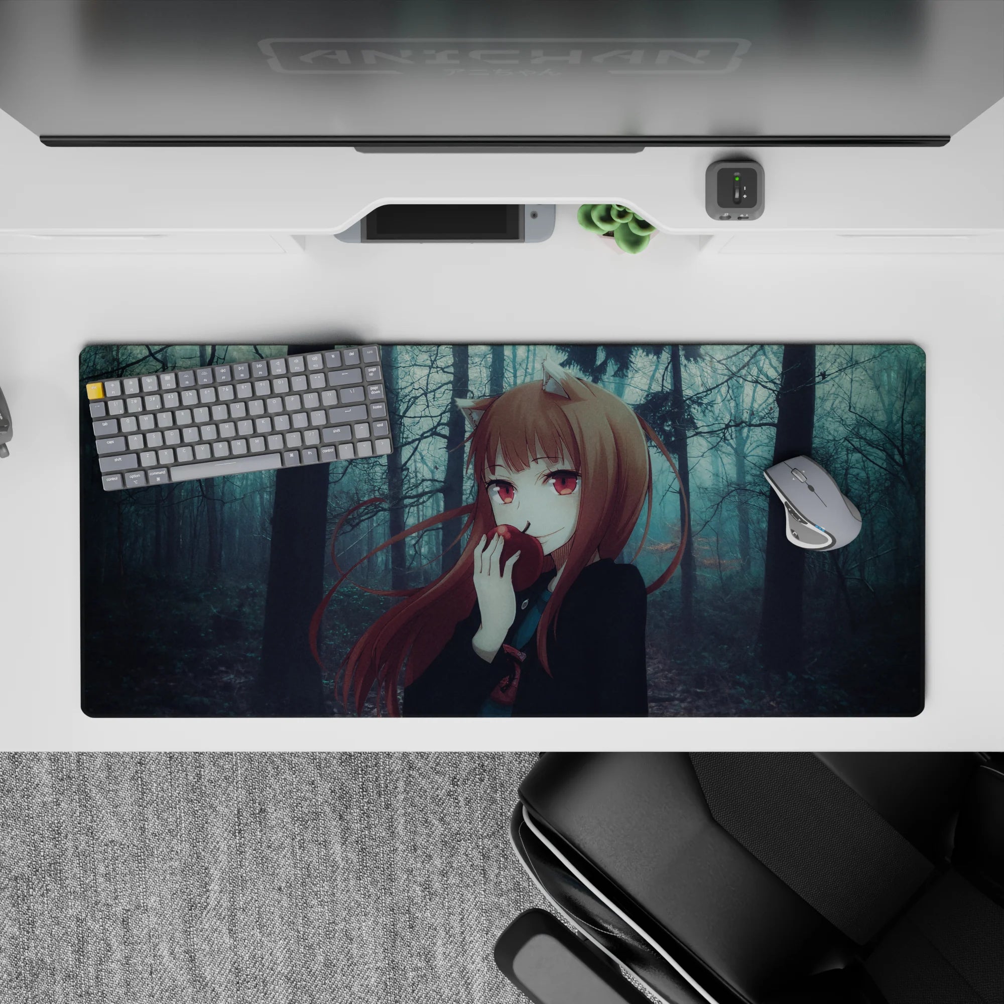 36x16 inches anime desk pad in cool blue-gray shadows with warm auburn highlights, moody night vibe.