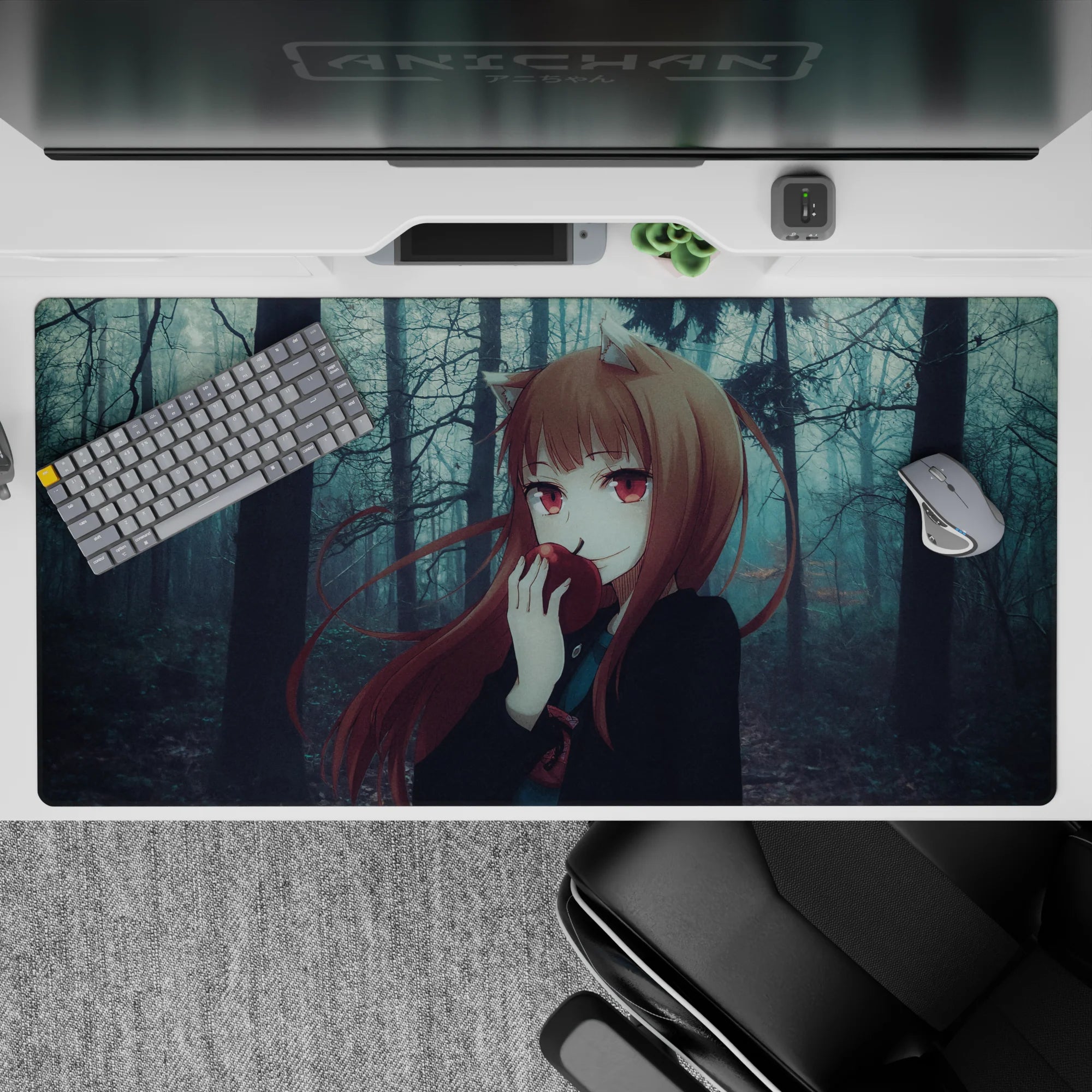Moody blue-gray forest anime desk pad 40x20 inches with cool shadows and warm auburn hair accents.