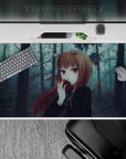 Moody blue-gray forest anime desk pad 40x20 inches with cool shadows and warm auburn hair accents.