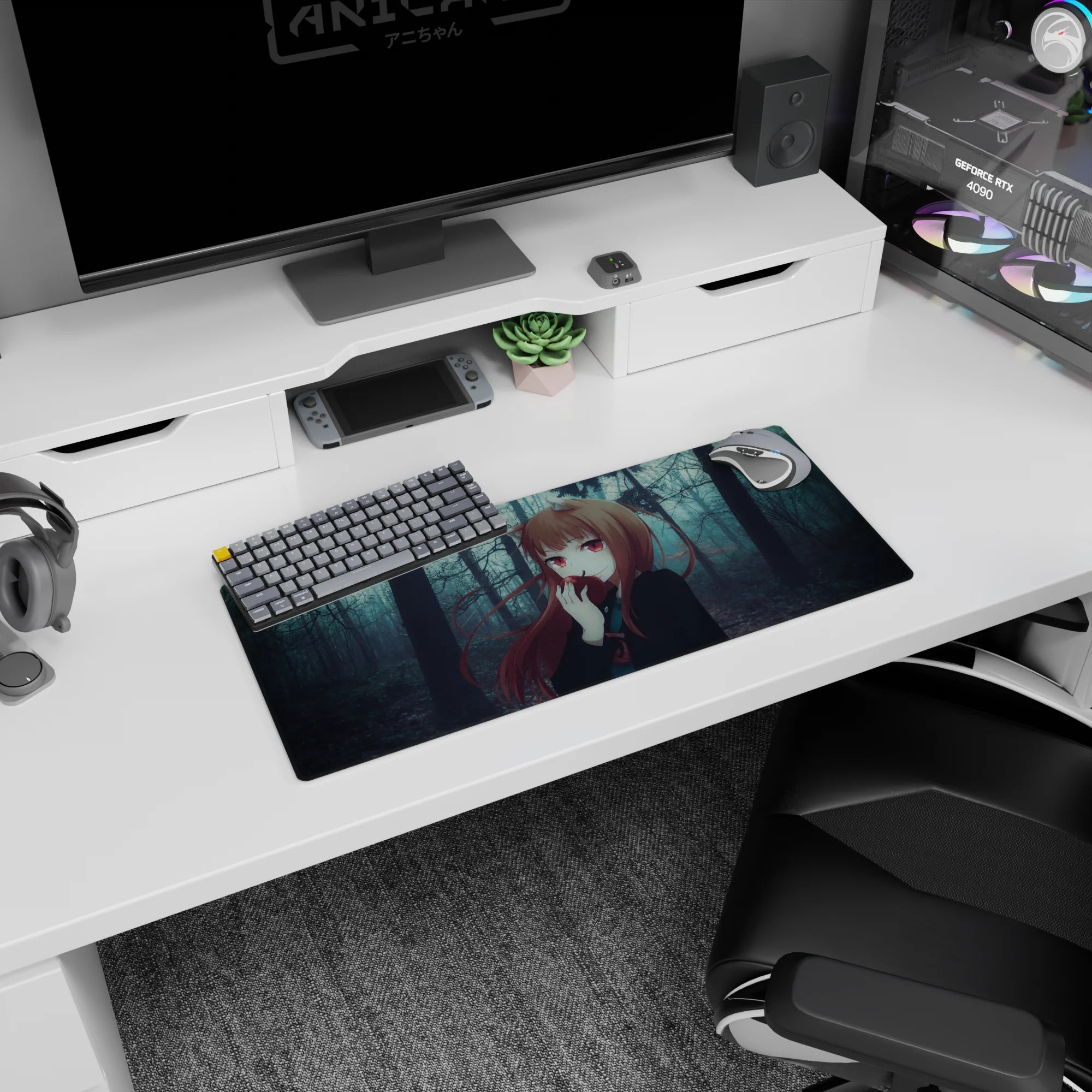 Fox-eared anime girl nibbling a red apple in misty woods mouse pad 28x12 inches.