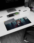 Fox-eared anime girl nibbling a red apple in misty woods mouse pad 28x12 inches.