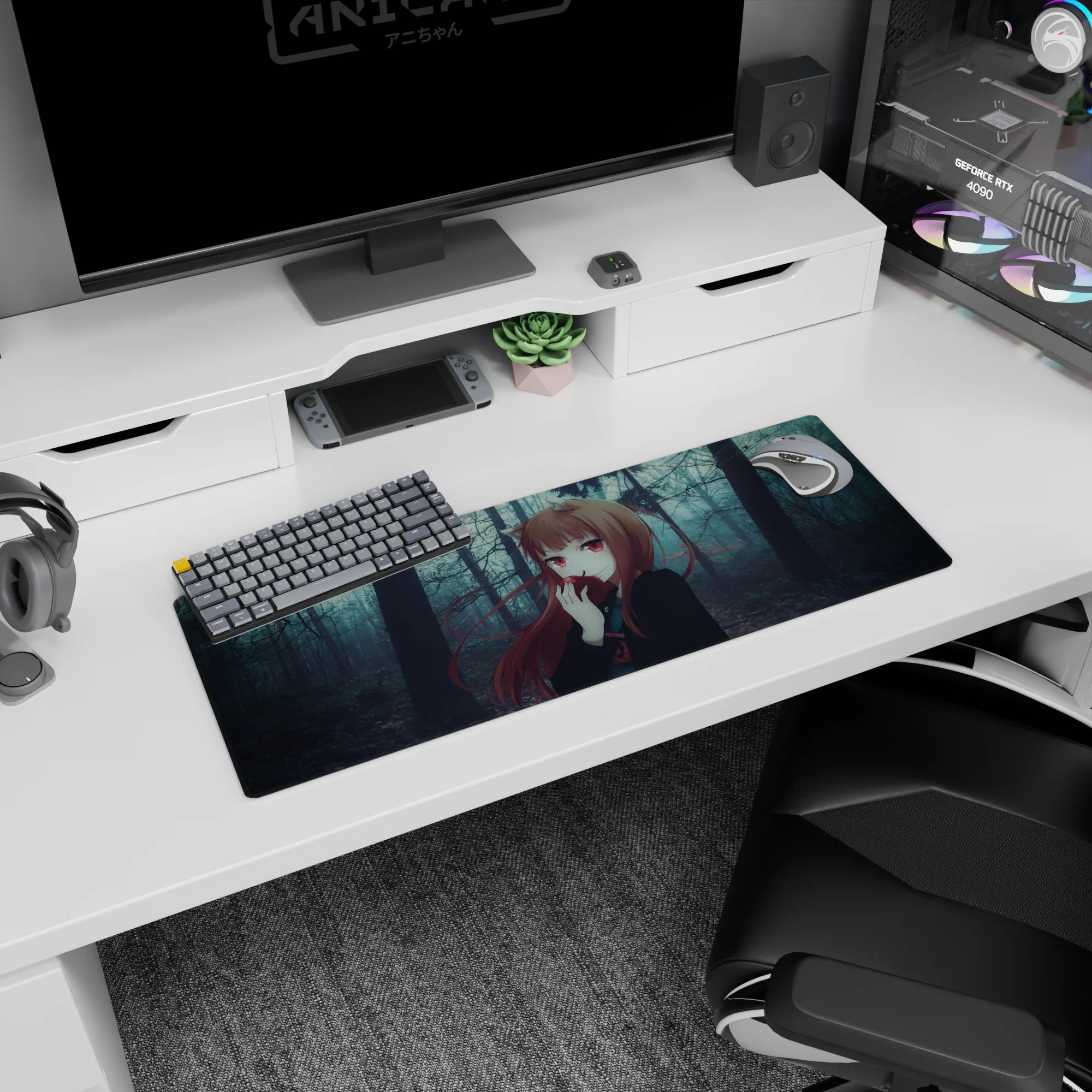 32x12 inches anime girl desk mat showing a sly fox-eared girl nibbling a red apple in a misty forest.