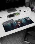 32x12 inches anime girl desk mat showing a sly fox-eared girl nibbling a red apple in a misty forest.