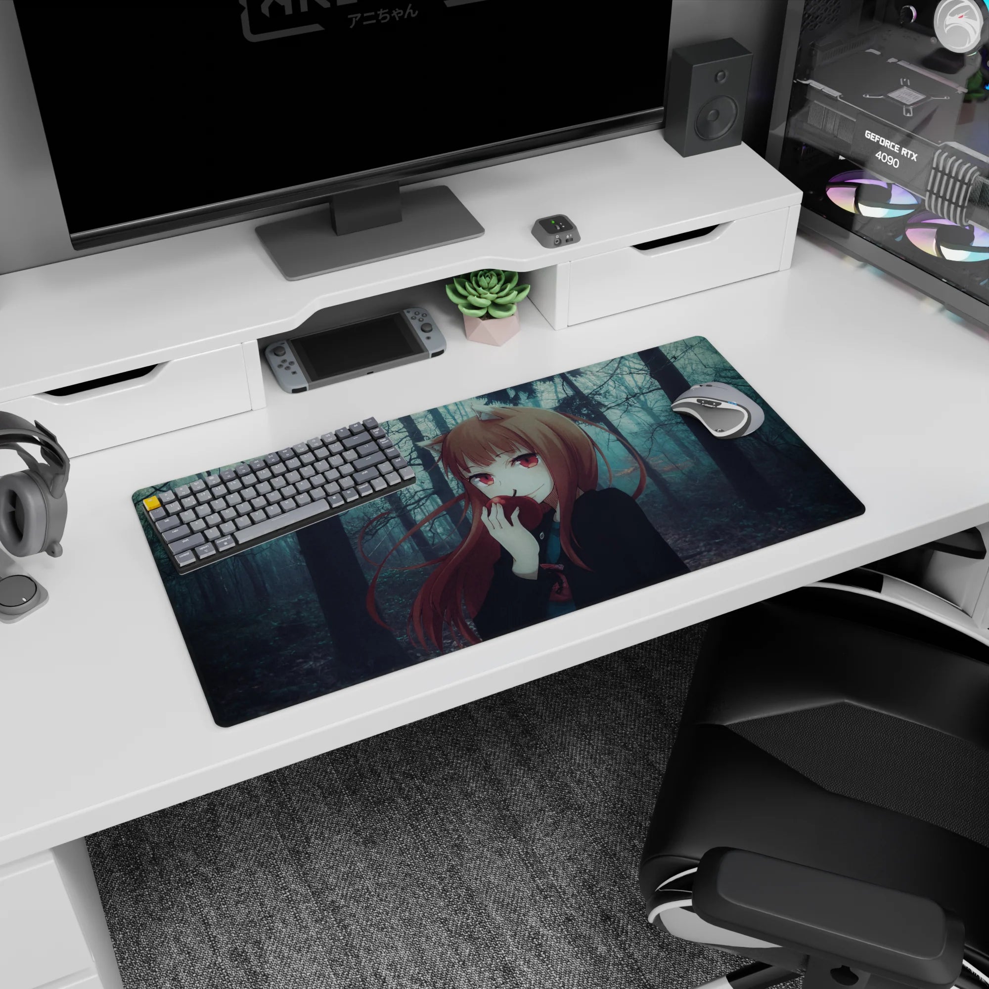 Anime girl mouse pad 32x16 inches showing sly fox-eared girl biting a red apple amid moody trees at night.