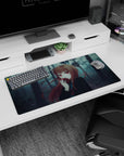 Anime girl mouse pad 32x16 inches showing sly fox-eared girl biting a red apple amid moody trees at night.