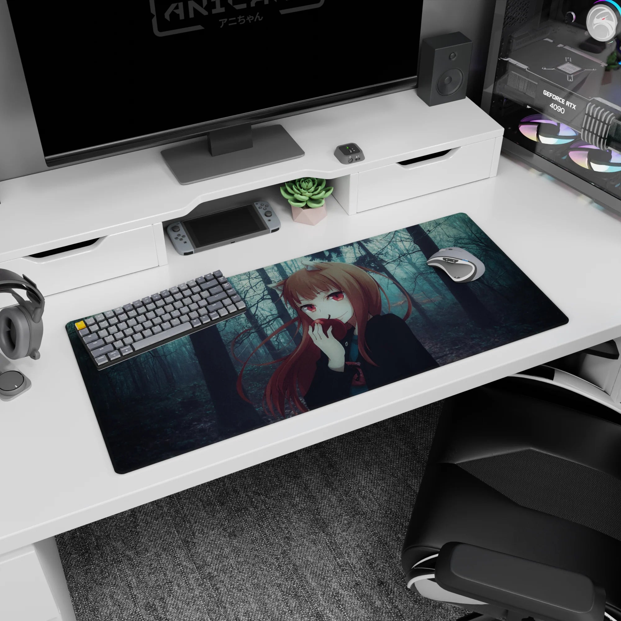 36x16 inches anime girl desk pad featuring a fox-eared girl biting a red apple in a misty forest.