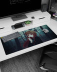 36x16 inches anime girl desk pad featuring a fox-eared girl biting a red apple in a misty forest.
