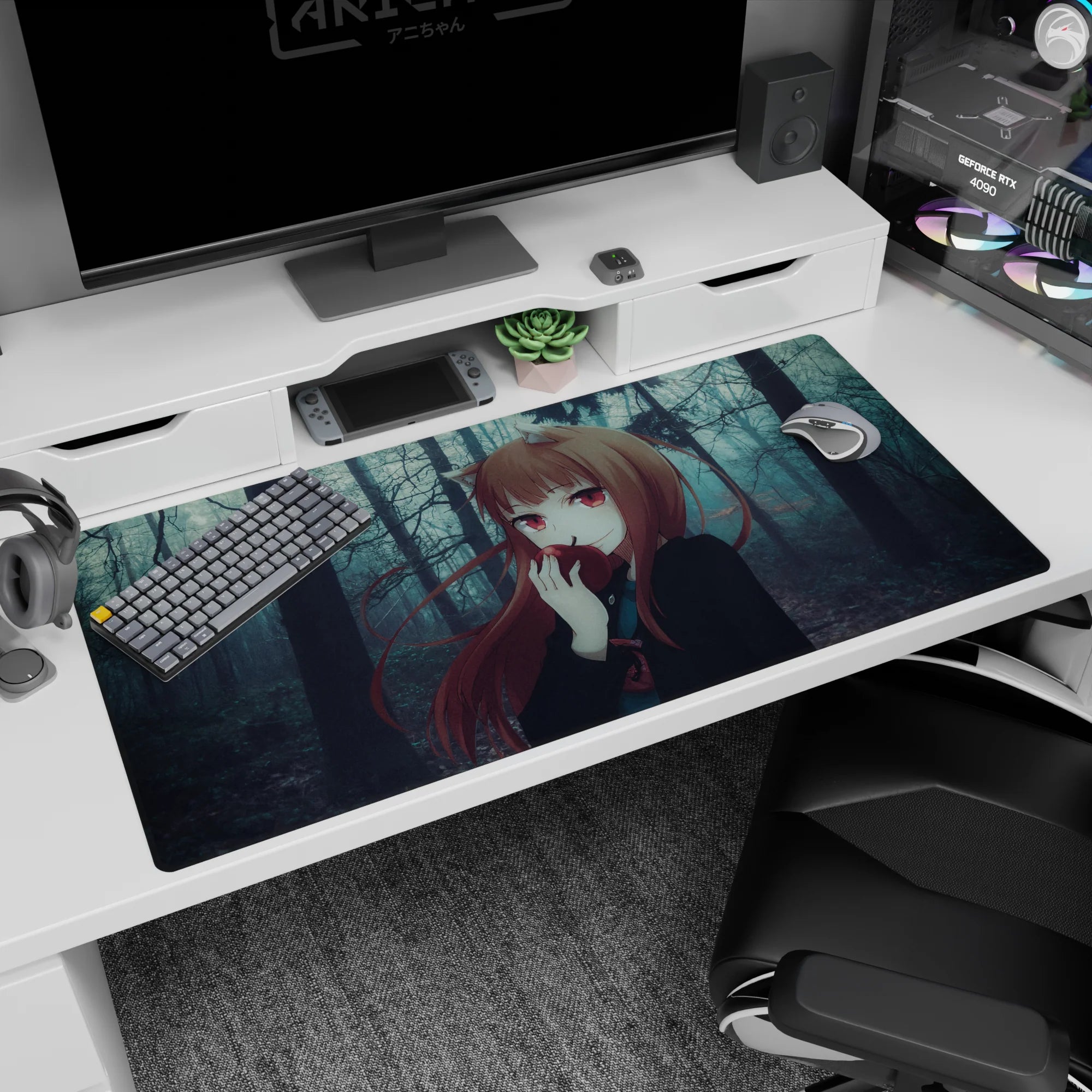 Fox-eared anime girl nibbling a red apple in misty woods desk pad 40x20 inches, sly crimson-eyed look.