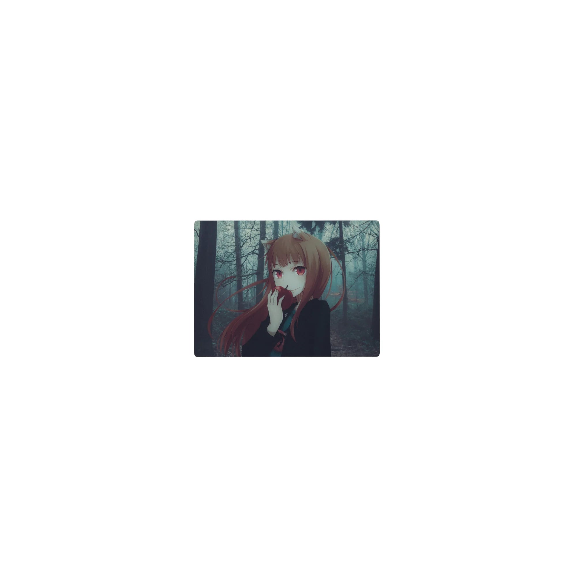 Classic anime girl mouse pad 14x10 inches with fox-eared girl, auburn hair, crimson eyes, red apple.