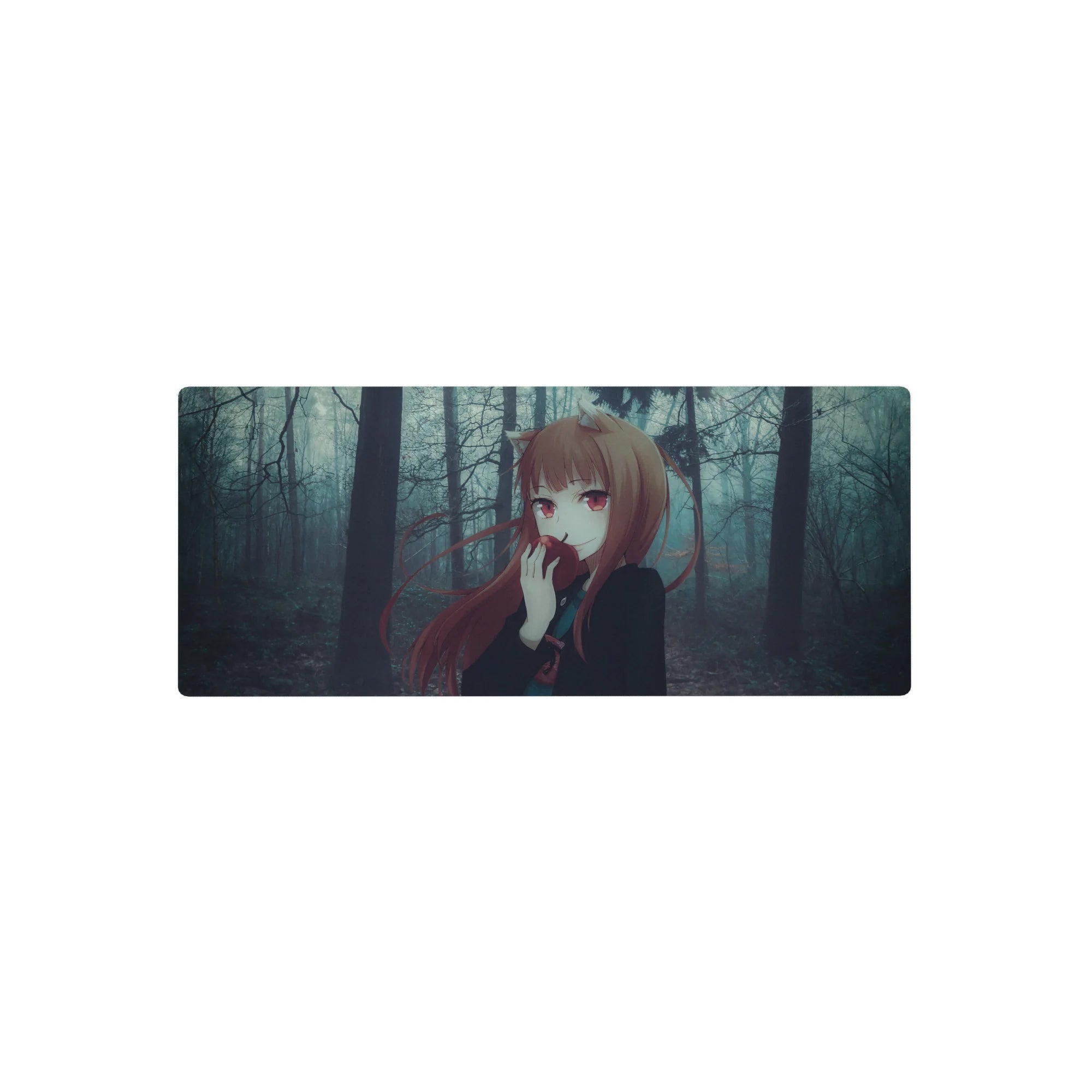 Anime girl mouse pad 28x12 inches with fox-eared heroine, auburn hair, red eyes, forest backdrop.