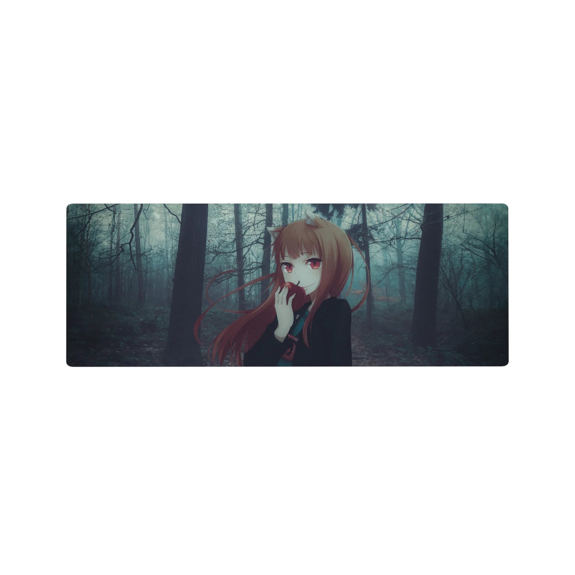 32x12 inches anime girl mouse pad with fox-eared girl, auburn hair, crimson eyes, and forest backdrop.