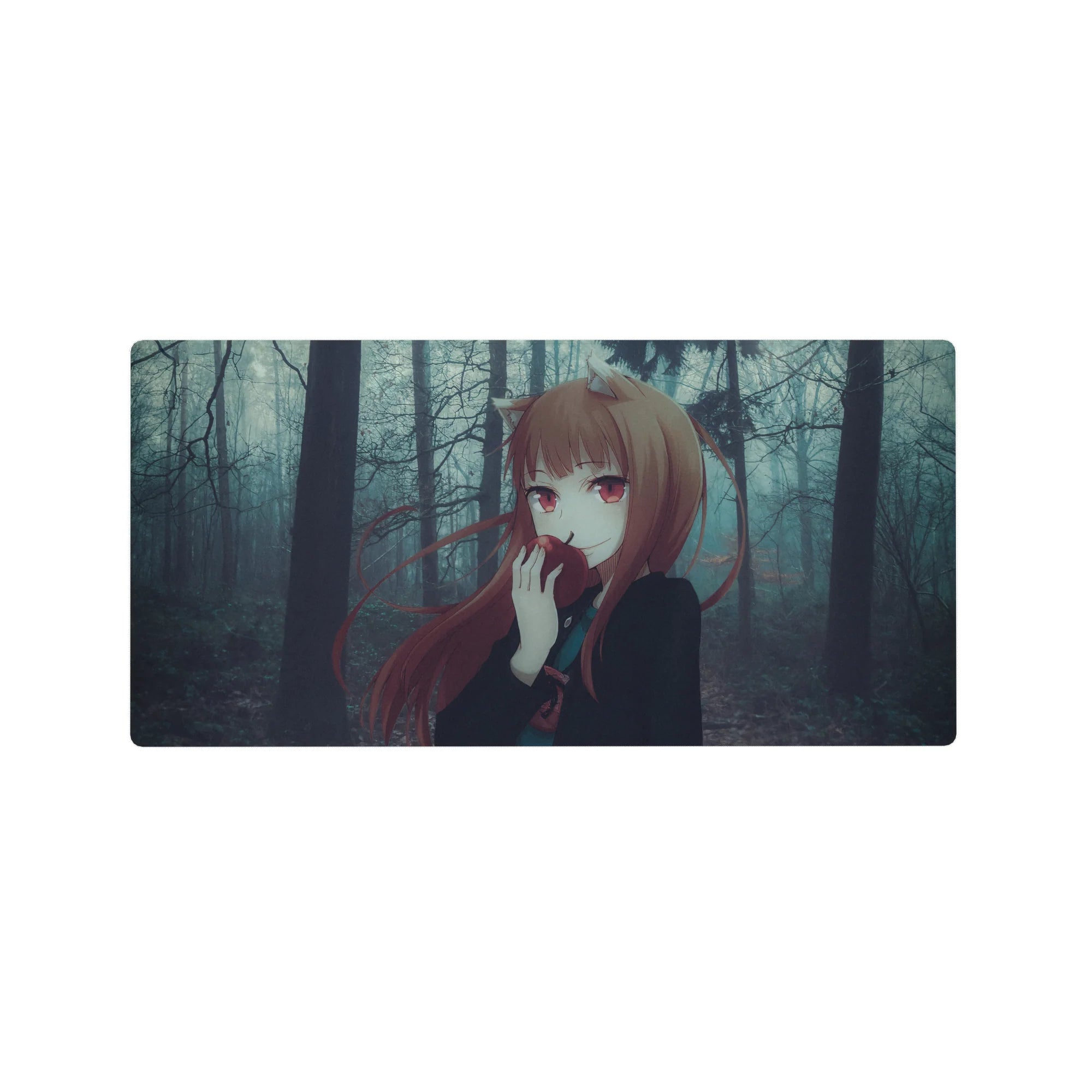 Anime girl mouse pad 32x16 inches with fox-eared auburn heroine in a misty forest, apple in hand.