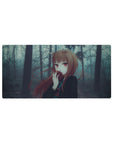 Anime girl mouse pad 32x16 inches with fox-eared auburn heroine in a misty forest, apple in hand.