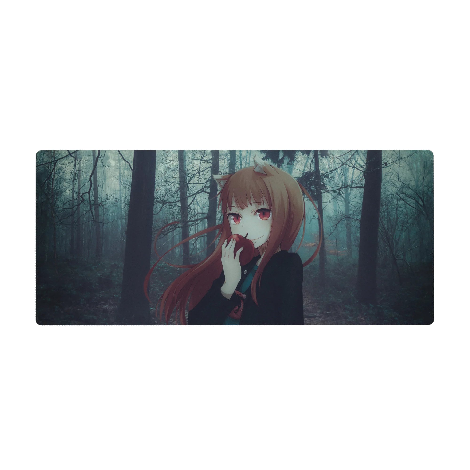 36x16 inches anime girl desk pad with fox-eared beauty, auburn hair, crimson eyes, misty forest art.