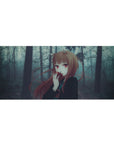 36x16 inches anime girl desk pad with fox-eared beauty, auburn hair, crimson eyes, misty forest art.