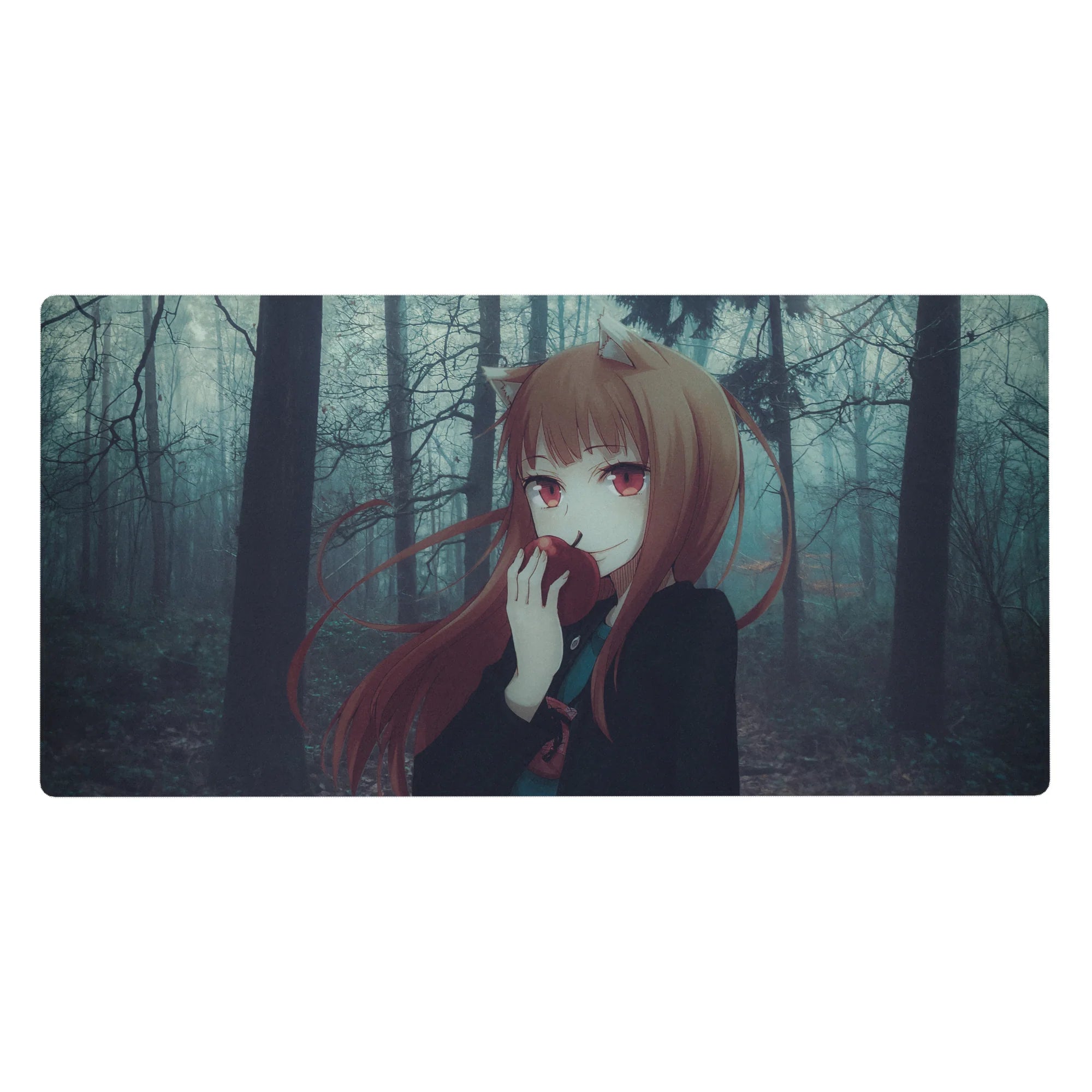 Anime girl desk pad 40x20 inches with fox-eared character, auburn hair, crimson eyes, and forest backdrop.