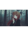 Anime girl desk pad 40x20 inches with fox-eared character, auburn hair, crimson eyes, and forest backdrop.