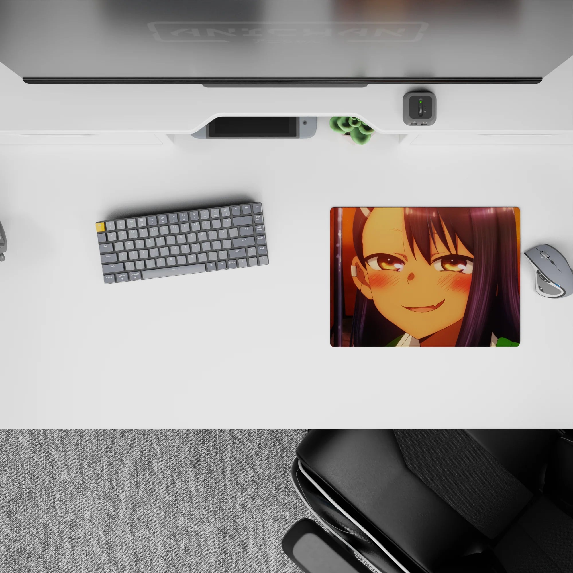 Cozy sunset orange and deep violet anime mouse pad 14x10 inches, warm half-lidded after-school vibe.
