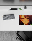 Cozy sunset orange and deep violet anime mouse pad 14x10 inches, warm half-lidded after-school vibe.
