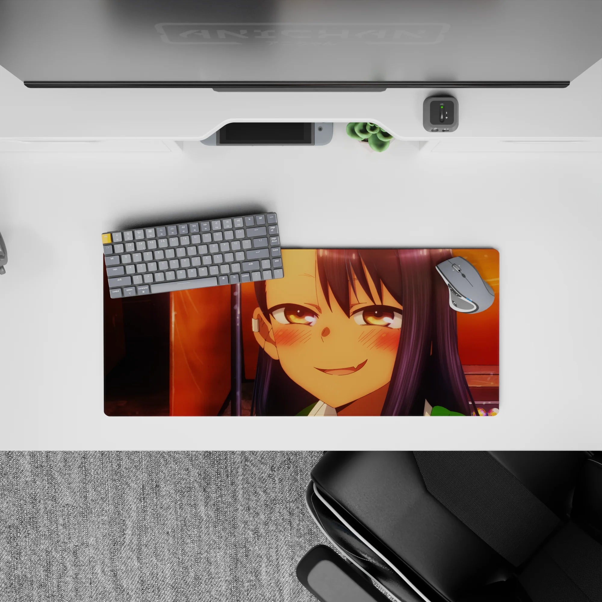 Anime girl mouse pad 28x12 inches in rich sunset oranges and deep violet hair shine, warm and cheeky mood.