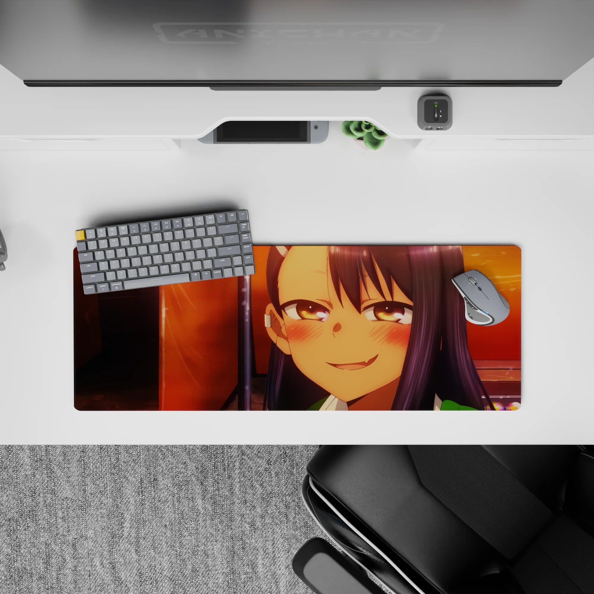 32x12 inches anime girl mouse pad in sunset orange and deep violet tones, cozy after-school vibe, crisp artwork.
