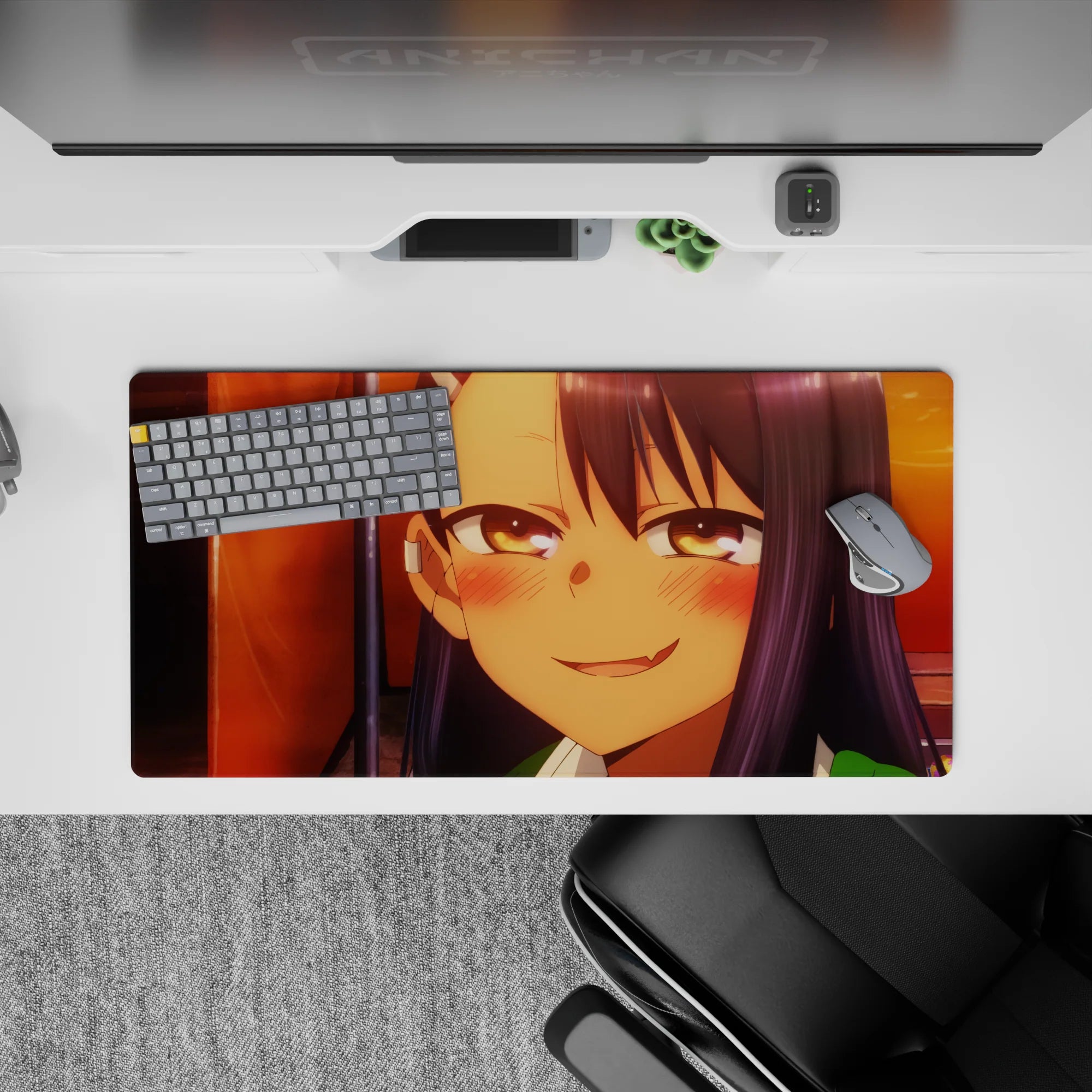 Cozy sunset orange and deep violet anime desk mat mouse pad 32x16 inches with warm after-school vibe.