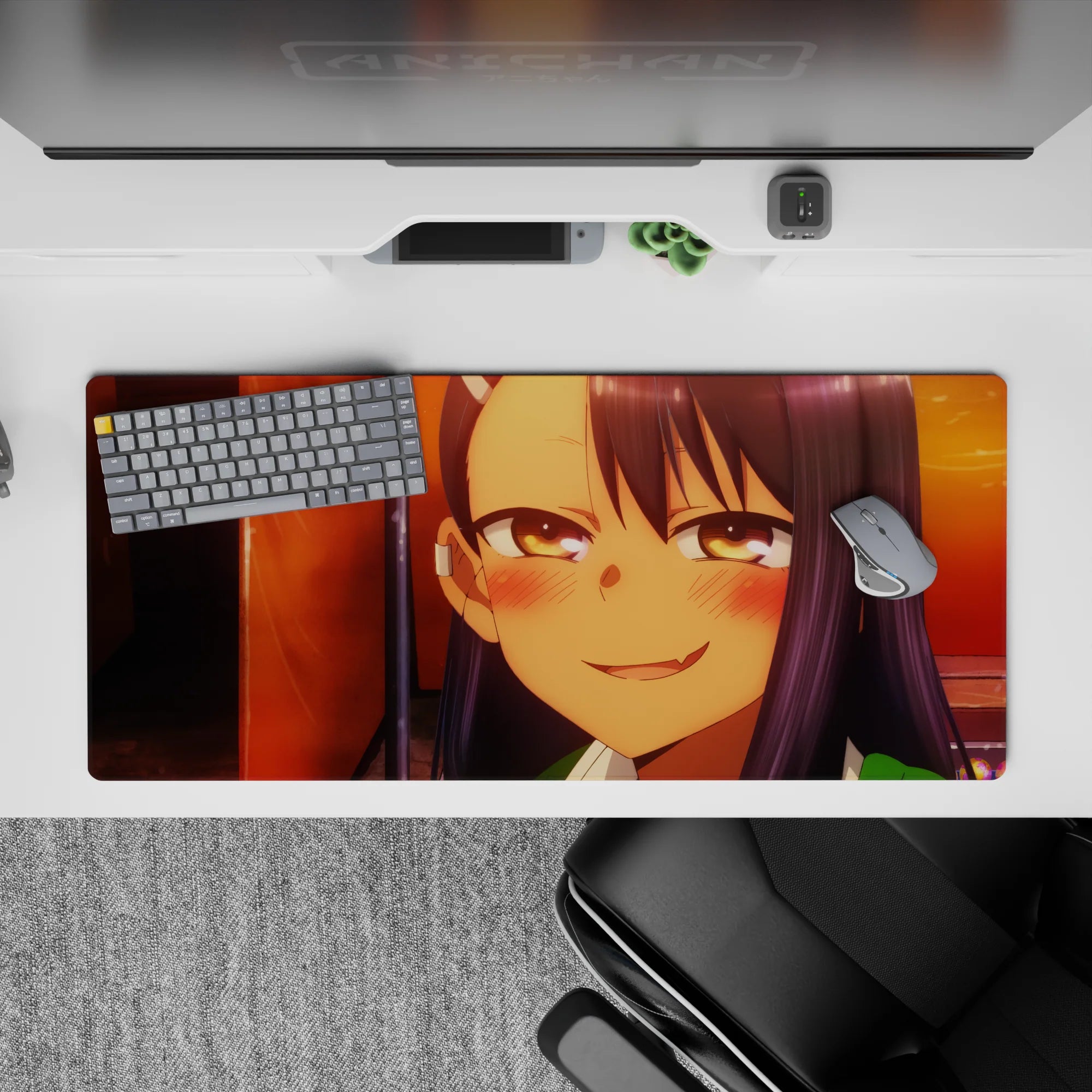 36x16 inches anime desk pad in sunset orange and deep violet tones, cozy after-school vibe, vibrant print.