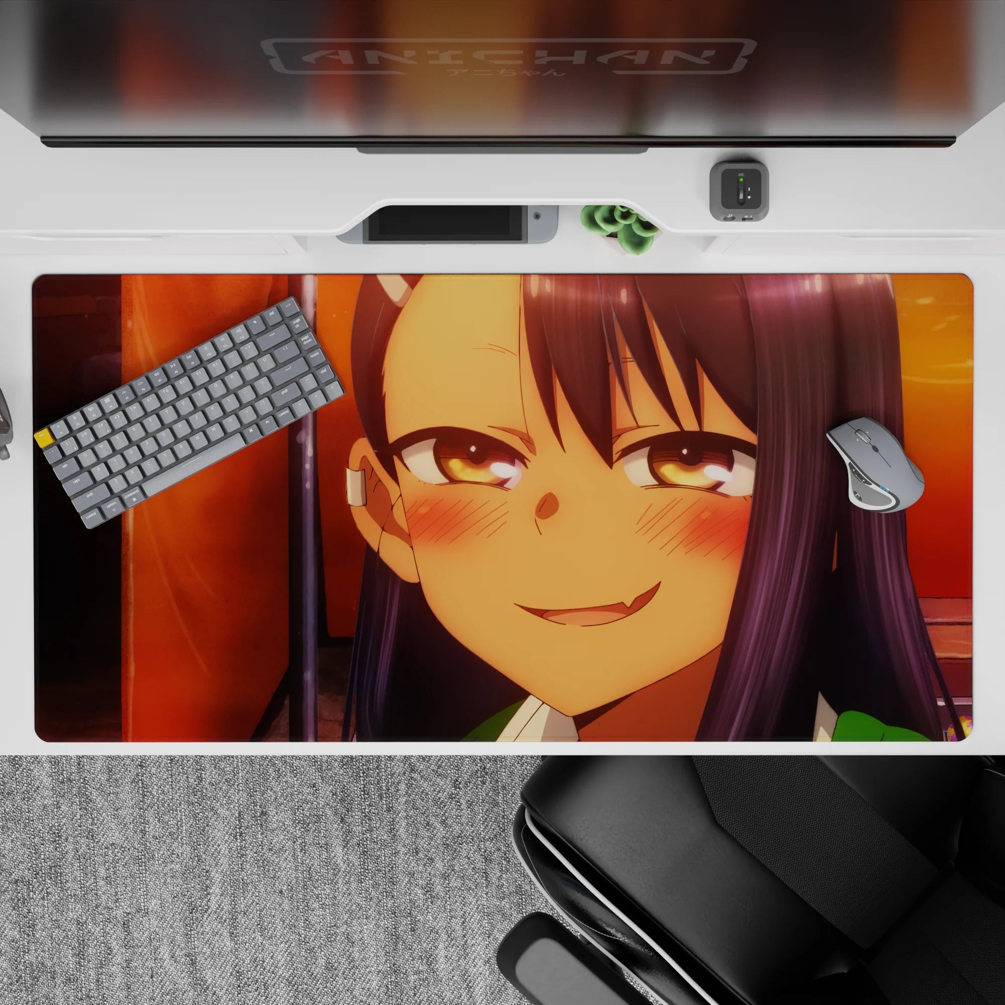 Cozy sunset orange and deep violet anime desk pad 40x20 inches, warm after-school vibe print.