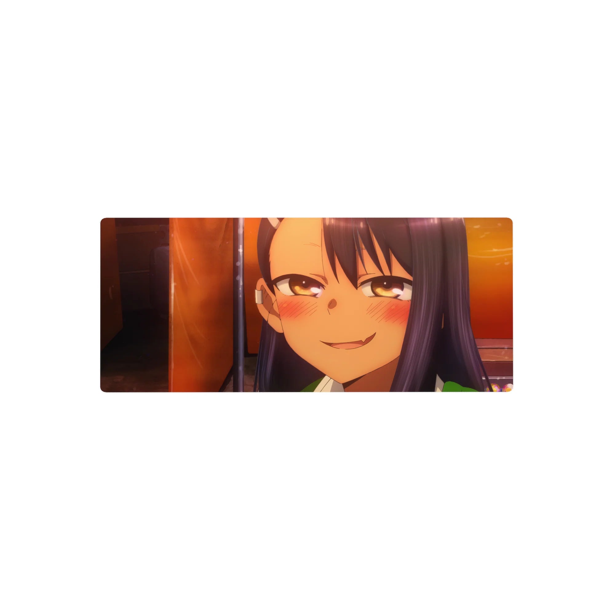 Anime girl mouse pad 28x12 inches with a teasing grin, half-lidded eyes, and cozy after-school vibe.