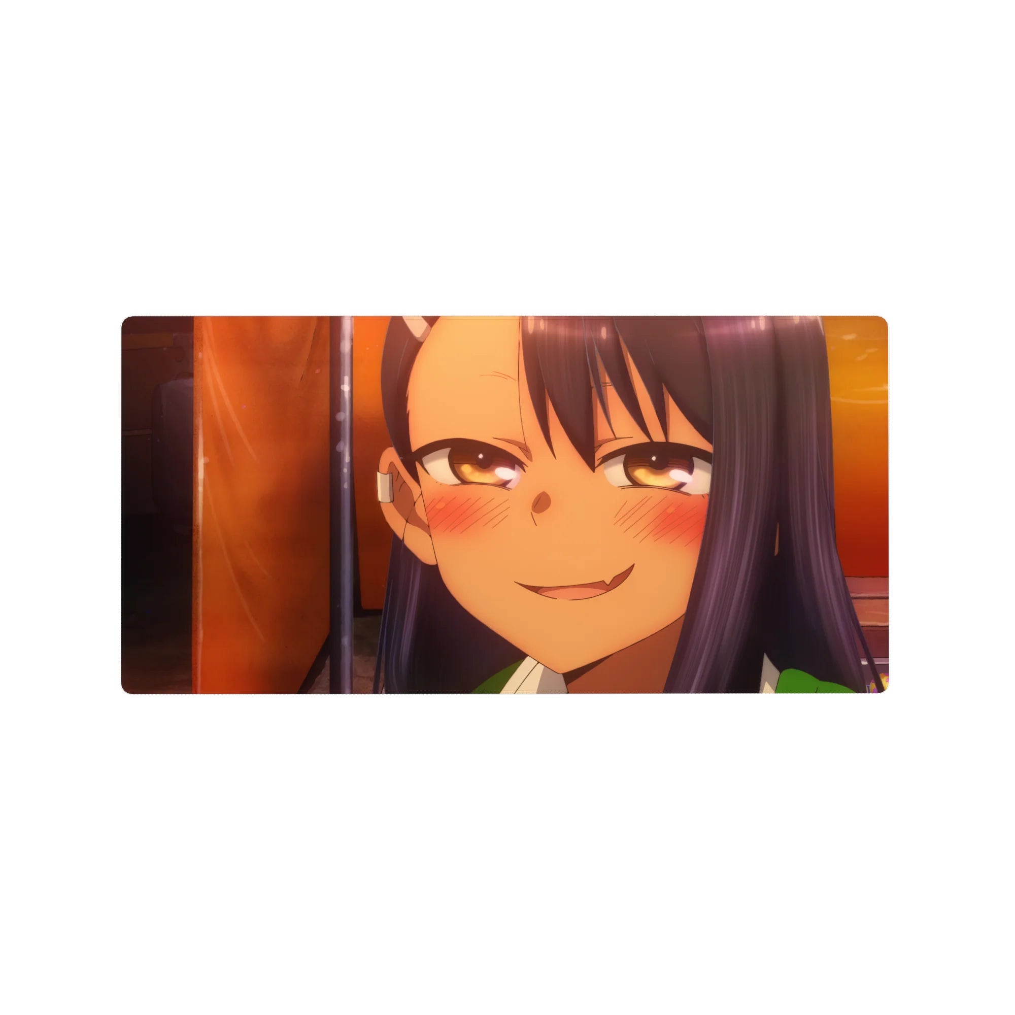Anime girl mouse pad 32x16 inches with teasing grin, half-lidded eyes, and smooth glide print.