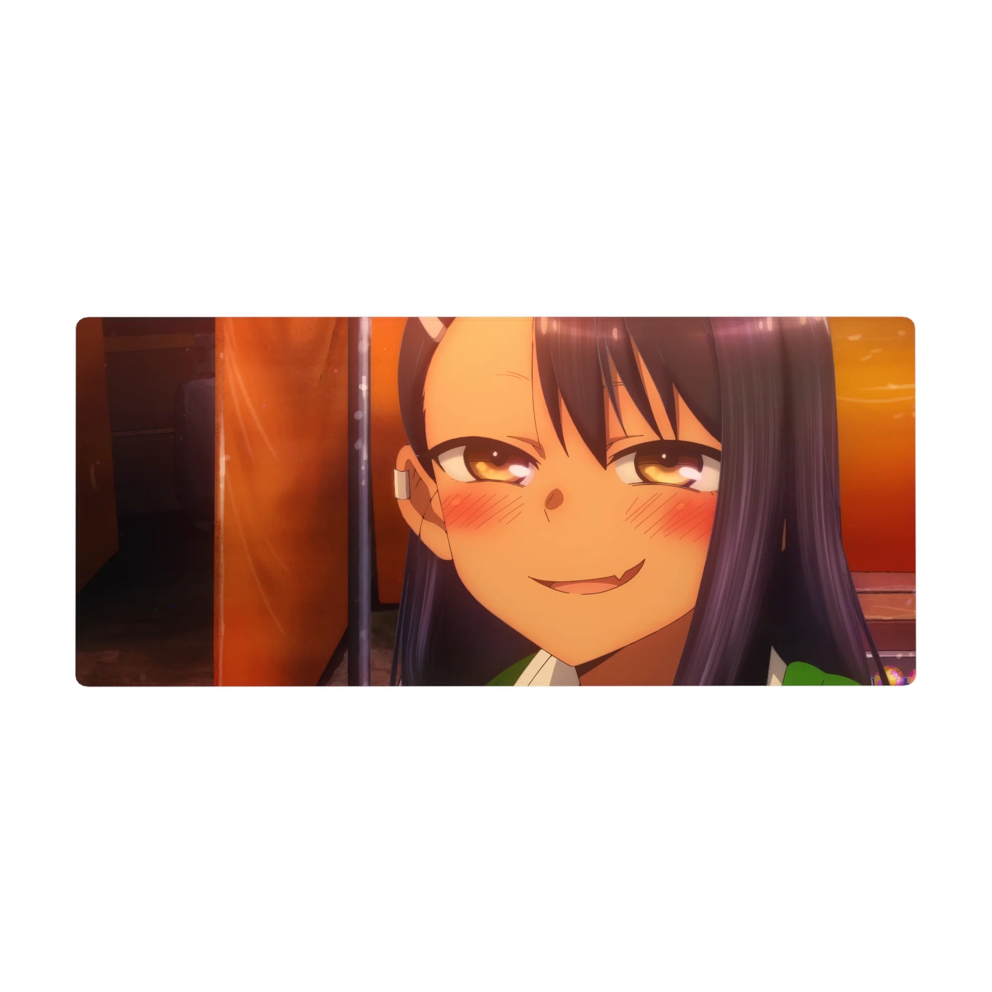 36x16 inches anime girl desk pad with teasing grin, smooth glide surface, cute cheeky gaming setup.