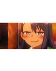 36x16 inches anime girl desk pad with teasing grin, smooth glide surface, cute cheeky gaming setup.