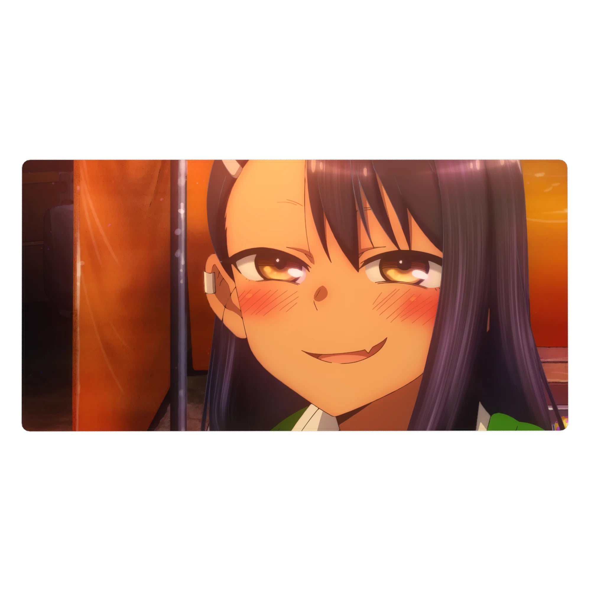 Anime girl desk pad 40x20 inches with teasing grin artwork and smooth glide surface for gaming setup.