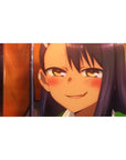 Anime girl desk pad 40x20 inches with teasing grin artwork and smooth glide surface for gaming setup.