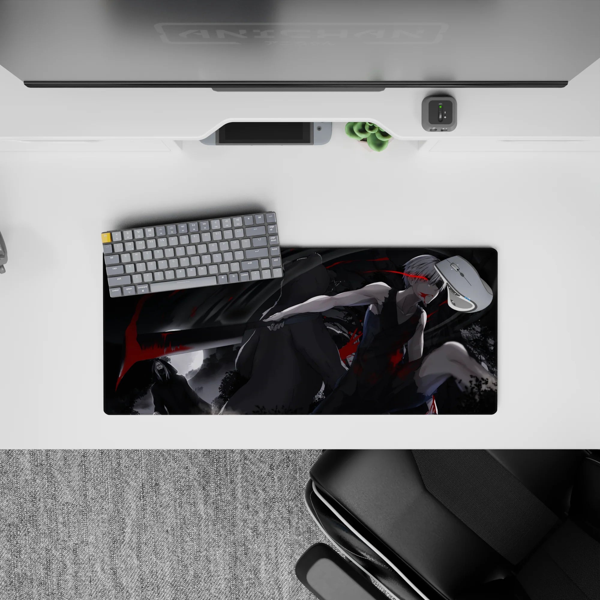 28x12 inches anime mouse pad in grayscale with ink-black shadows and crimson slashes for a dark, moody vibe.