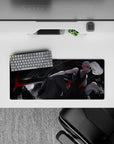28x12 inches anime mouse pad in grayscale with ink-black shadows and crimson slashes for a dark, moody vibe.