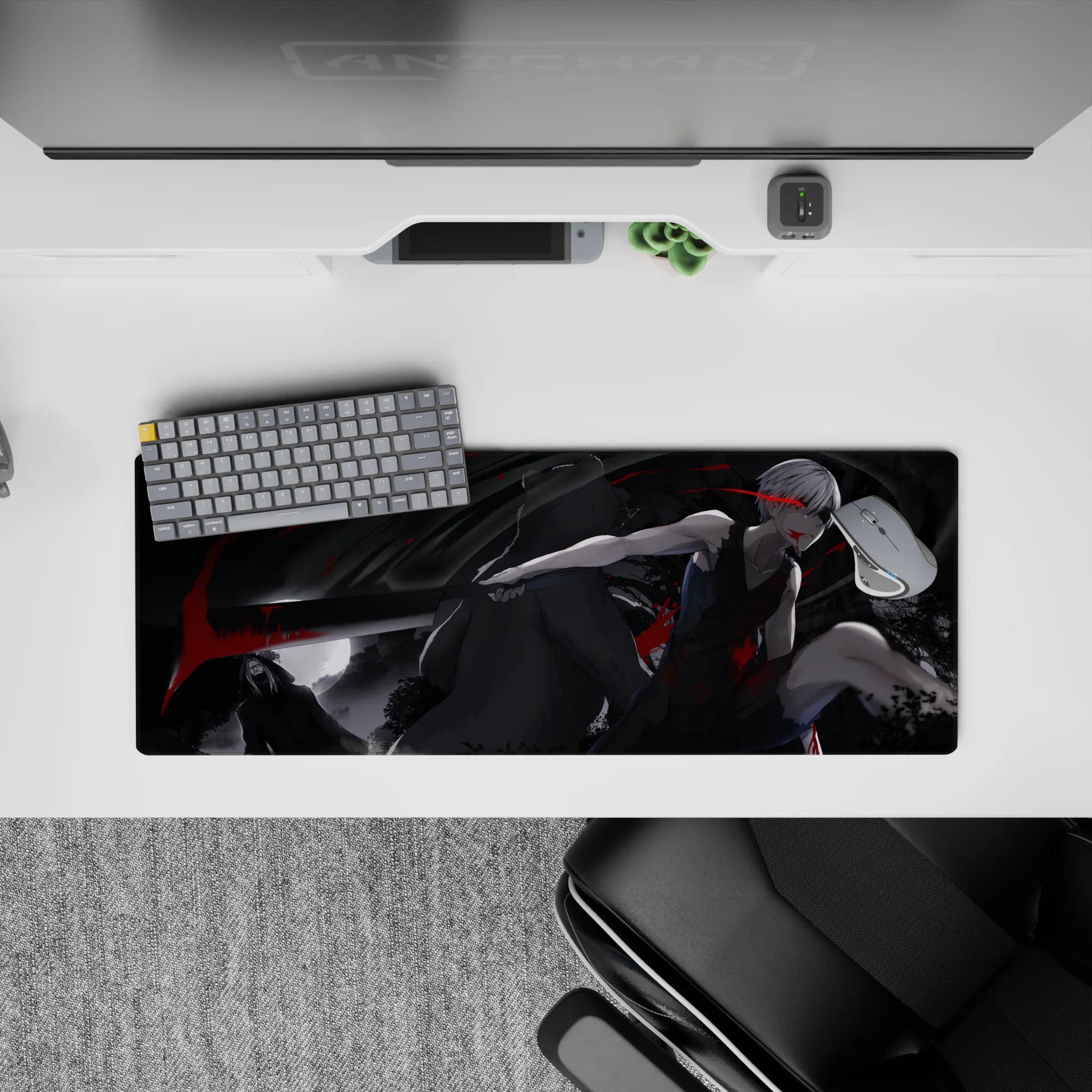 32x12 inches anime mouse pad in grayscale with ink-black shadows and bold crimson accents, dark cinematic mood.