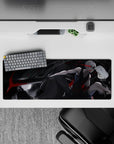 32x12 inches anime mouse pad in grayscale with ink-black shadows and bold crimson accents, dark cinematic mood.